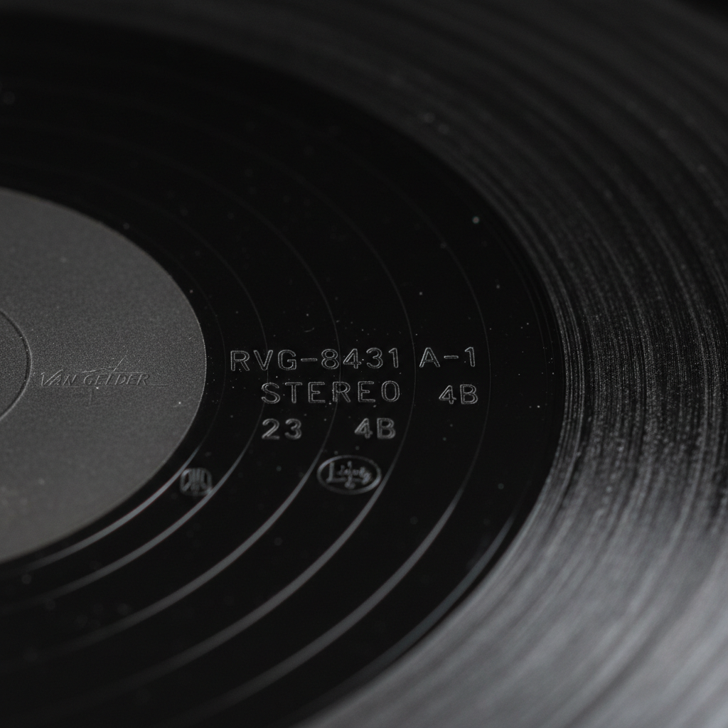 A tightly framed, photographic close-up of a vintage jazz LP’s runout groove area, with razor-sharp focus on the etched matrix numbers, stampers, and faint pressing plant symbols in the deadwax. The rest of the black vinyl gradually falls out of focus toward the edges, creating a dramatic shallow depth of field. Subtle, controlled side lighting rakes across the surface from the left, accentuating the micro-texture of the grooves and the fine scratches of a well-loved record. The background is nearly black, isolating the subject for a forensic, almost scientific mood. The overall aesthetic is precise, technical, and archival, perfectly suited to a professional site emphasizing matrix details and pressing identification.
