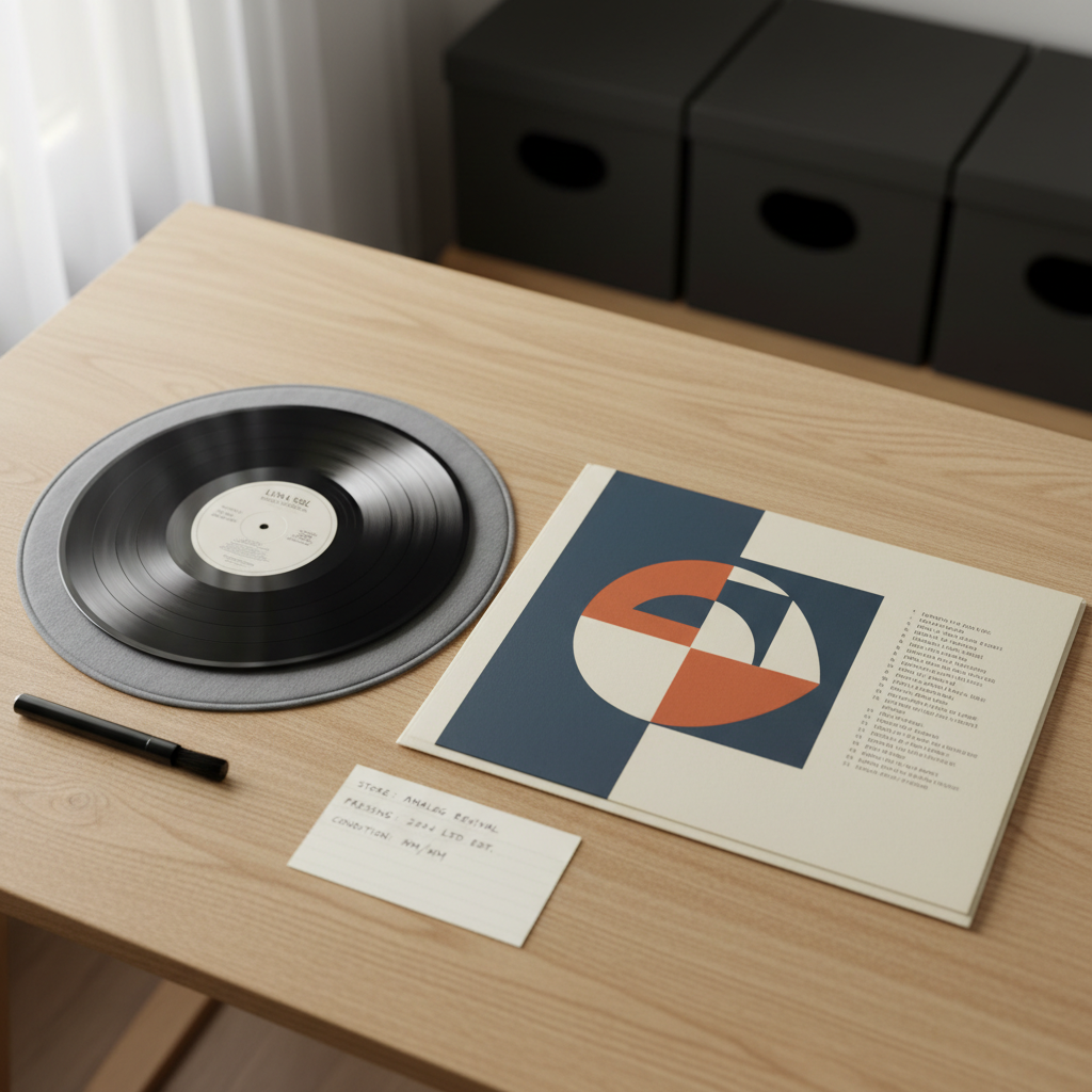 An overhead photographic image of a dedicated vinyl review workspace: an open record sleeve displaying full artwork and tracklist, the matching vinyl record on a soft microfiber mat, and a small notebook-like card listing store purchased from, pressing info, and condition grade. The surface is a light oak desk with visible grain, minimally cluttered with only a carbon fiber brush and an aligned row of record storage boxes in the softly blurred background. Natural, diffused daylight from a nearby window evenly lights the scene, highlighting the textures of paper, cardboard, and vinyl grooves without glare. The composition is clean and modern with generous negative space, creating a calm, methodical, and professional atmosphere ideal for reviewing and cataloging records.