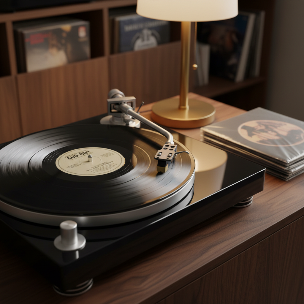 A high-end turntable in photographic realism, captured at eye level, with a freshly cleaned vinyl record spinning slowly on a brushed aluminum platter. The tonearm is precisely positioned over the lead-in groove, and the record’s label shows crisp typography, catalog number, and subtle wear around the spindle hole. The turntable sits on a dark walnut console with a small stack of records in crisp outer sleeves neatly aligned beside it. Warm, directional lighting from a nearby lamp creates soft highlights on metal surfaces and delicate reflections on the record’s surface, with a gentle falloff into a slightly blurred background of organized shelving. The mood is focused, refined, and audiophile-oriented, conveying meticulous attention to sound and pressing details.