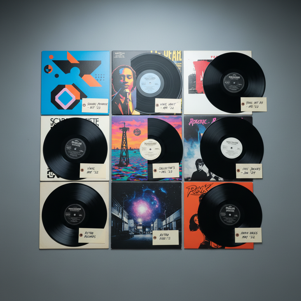 A neatly arranged flat lay of several vinyl records with varied, vividly printed album covers, each record half-exposed to reveal labels with legible serial numbers and pressing details. They are organized on a smooth, neutral gray surface, with small handwritten-style tags placed beside each sleeve indicating store names and purchase dates. Cool, diffused studio lighting from above evenly illuminates the scene, minimizing reflections while emphasizing textures of cardboard sleeves and glossy vinyl. The composition follows the rule of thirds for a balanced, editorial look, with sharp focus across the entire frame. The atmosphere is orderly, expert, and archival, perfect for a professional site documenting detailed vinyl reviews and sources.